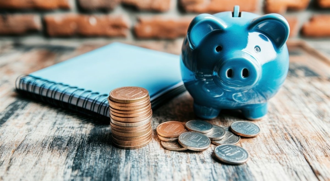 Piggy Bank Stack Coins With Notebook Representing Idea Saving Money Invest Business Set Financial Goals